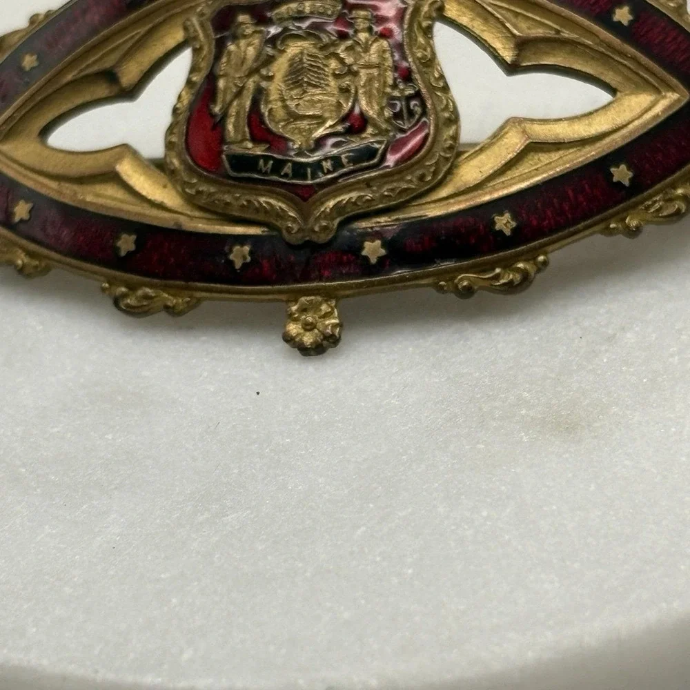 Antique Victorian Sash Pin Guilloche Enamel Pin Brooch Maine Coat of Arms
